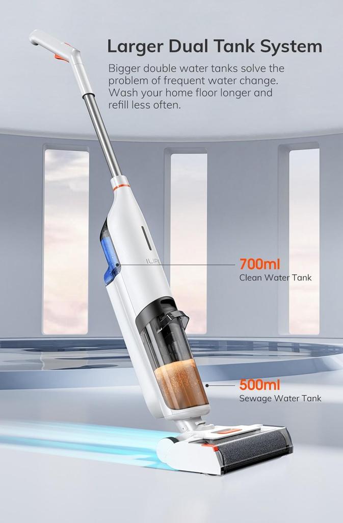 ILIFE W90 Cordless Wet Dry Vacuum Cleaner, 3 In 1 Vacuum Mop and Wash, Self-Cleaning, 700ml Water Tank, 30Mins Runtime