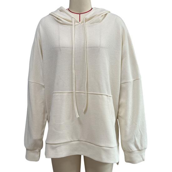 Осень-весна Женская толстовка с капюшоном, большим карманом, завязками на шнурке, свободным разрезом, однотонная вафельная текстура, свободный трикотажный спортивный топ