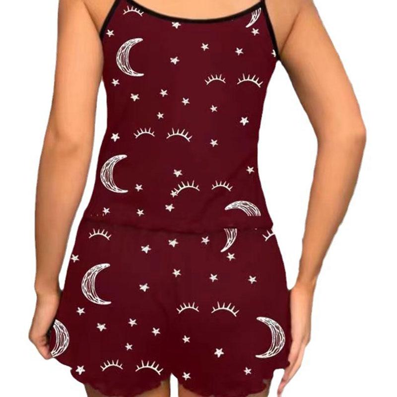Women Heart-Shaped Moon Print Colour Collision Decoration Pajamas Set Sweet Wind Suspenders Shorts Two Sets of Black