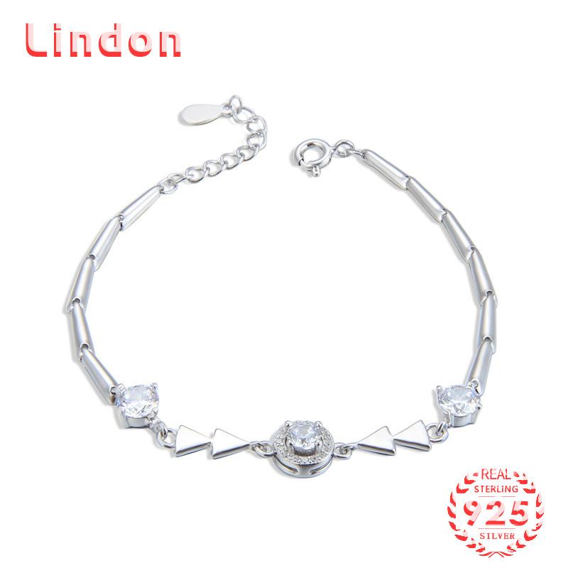 Lindon Women Zircon 925 Sterling Silver Jewelry Geometric Bead Chain Link Bracelet Fashion Fine Wedding Gift for Girlfriend