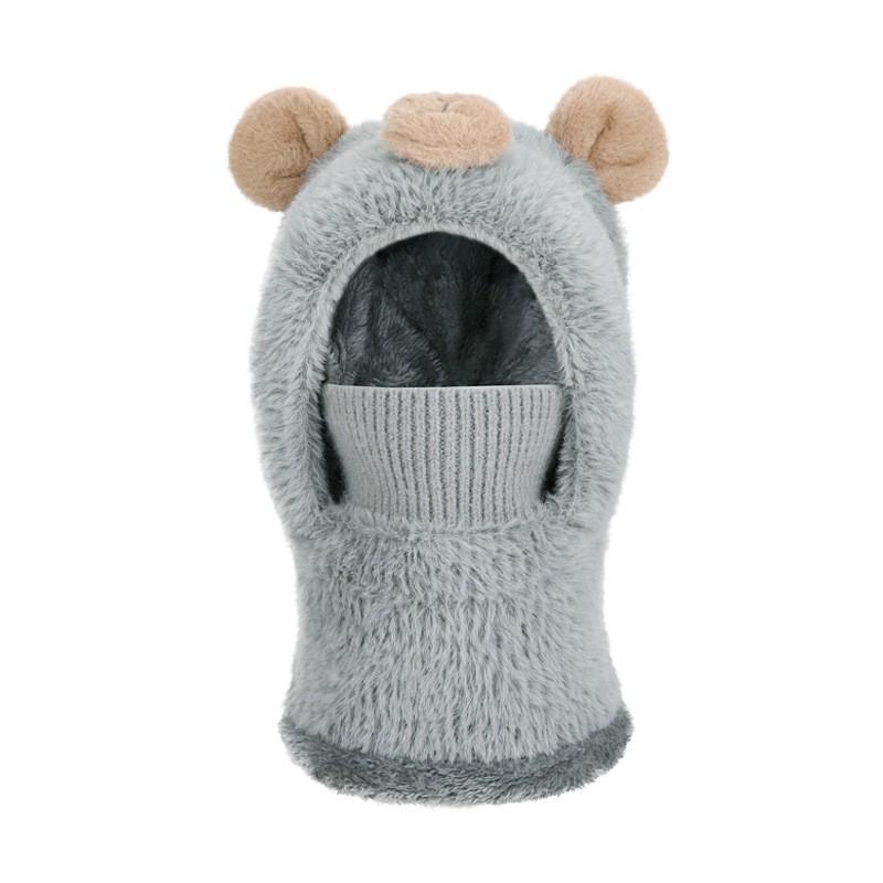 Kids Winter Warm Fleece Knit Hat With Bear Face Mask Neck Warmer One-Piece Hooded Beanie Girls Boys