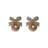 Silver Needle Diamond Bow Pearl Earrings French Light Luxury Premium Earrings Niche Retro Temperament Earrings