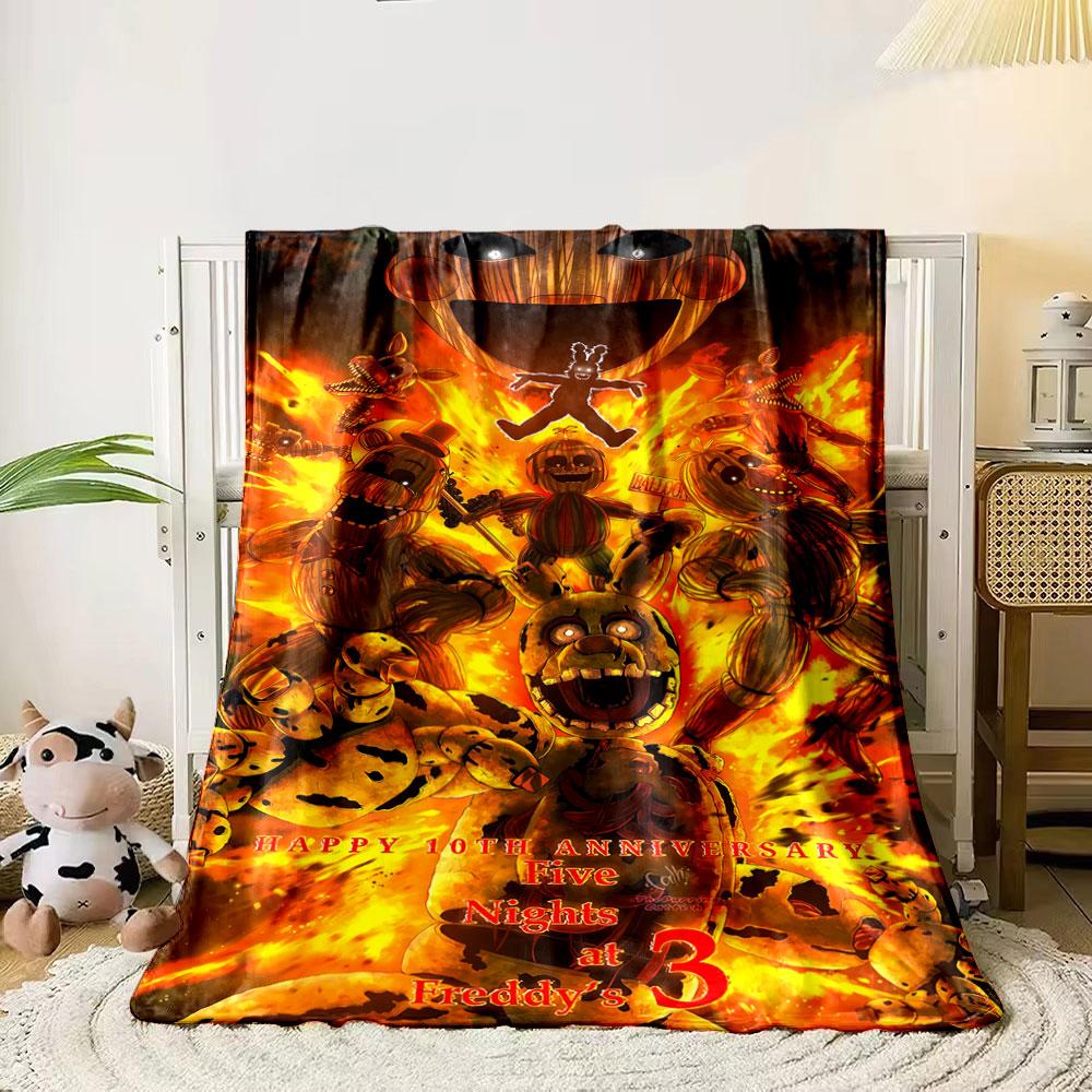 Burning animatronics surrounded by fire and chaos dominate the composition. for all seasons blanket lunch break throw gift