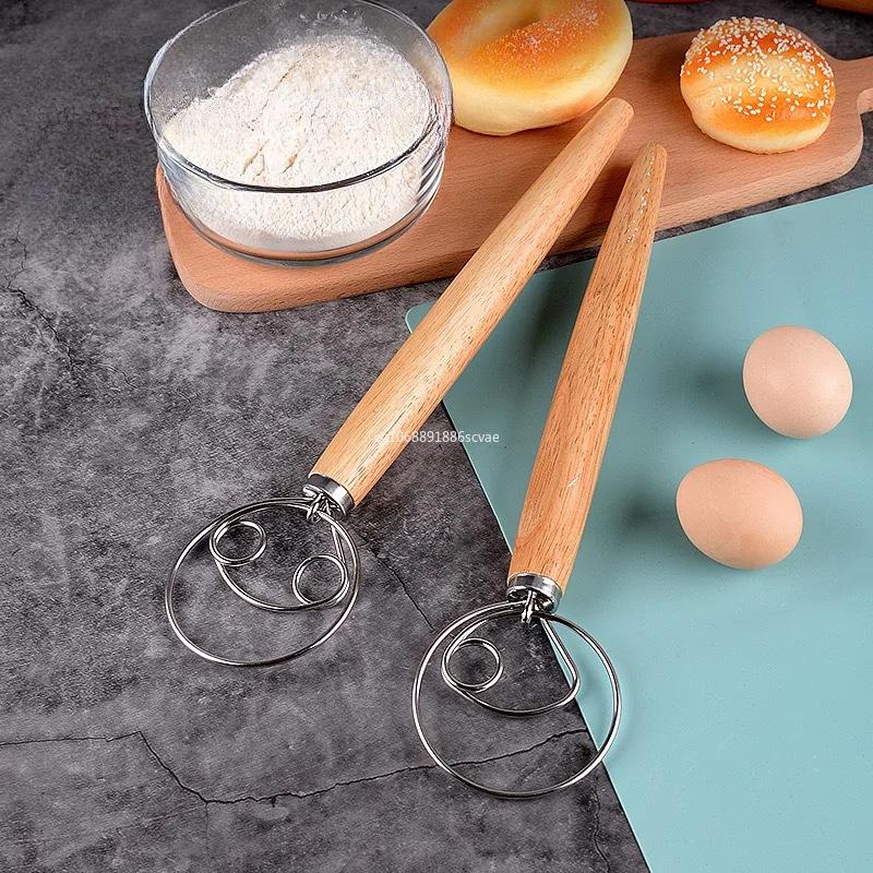 1Pcs Danish Dough Whisk with Wood Handle, Dutch Style Bread Whisk for Dough Cooking Kitchen with Stainless Steel Danish Whisk