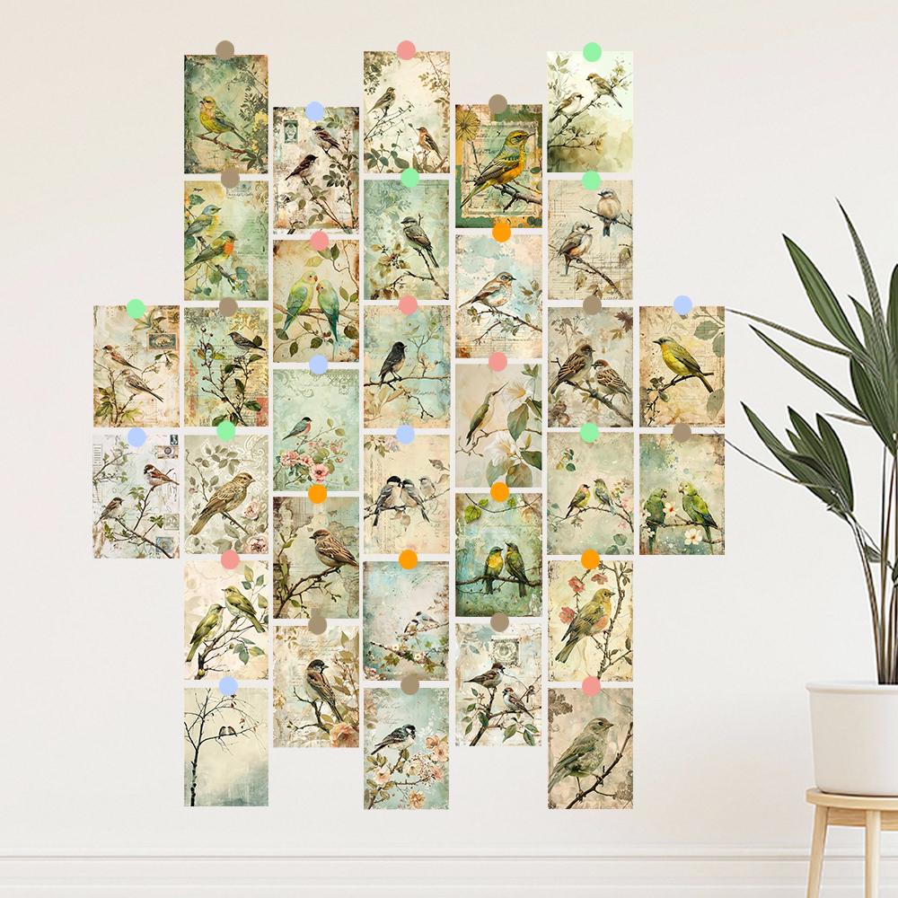 32pcs Vintage Bird Collage Postcard Series, Natural & Bird Collection, Greeting Cards, Posters, Wall Stickers, Bedroom Decor.