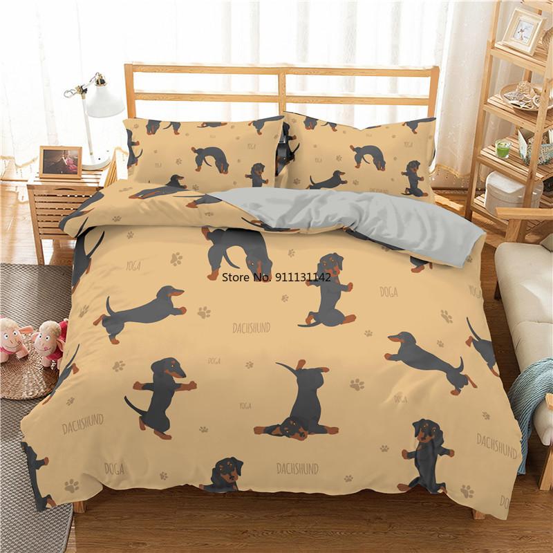 Cartoon Sausage Dog Pattern Down Bedcover Pillowcase 3D Cute Animal Bedding Set 2/3 Twin Queen Large Bedroom Cover