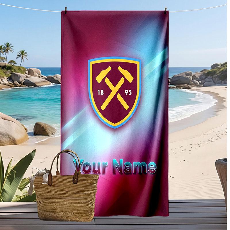 West Ham United FC Personalized Printed Beach Towel Soccer Logo Support Custom Name Text Absorbent Towel For Sport Travel Special Gift