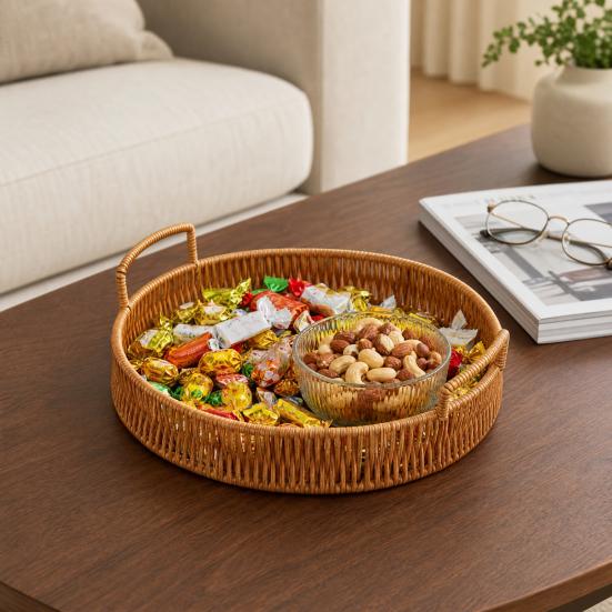 Imitation Rattan Fruit Basket, Round Rattan Tray, Steamed Bread Basket, Food Storage Basket, Eco-Friendly Kitchen Organizer, Farmhouse Home Decor