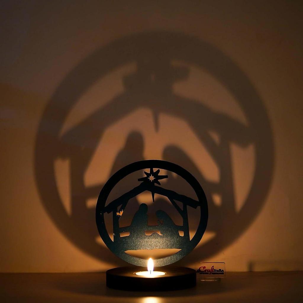 Nativity Scene Holy Family Jesus Birth Decorative Showpiece Tea Light Candle Holder (Wooden Green)| Christmas Decoration Item for Home Office
