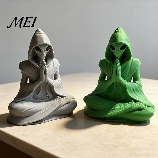 Matte Gray Meditation Figure 3D Printed Alien Statue, Zen Desk Decor Ornament, Sci-fi Sculpture Cute Extraterrestrial Figurine for Home Office, Sci Fi