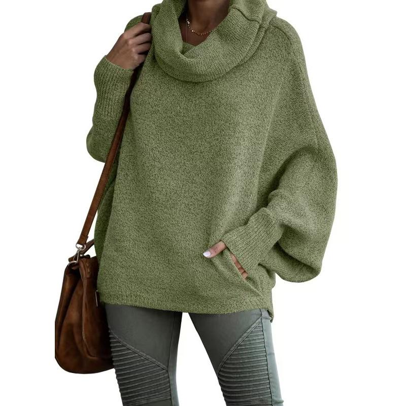 High Neck Women's Solid Color Knitted Sweater Fashion Pullover Lantern Loose Long Sleeve Casual Sweater