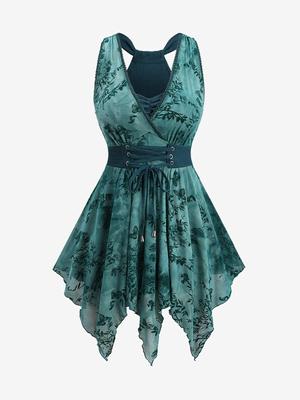 Rosegal Plus Size Butterfly Flowers Leaf Flocking Ruched Lace Up Surplice Асимметричный топ-майка