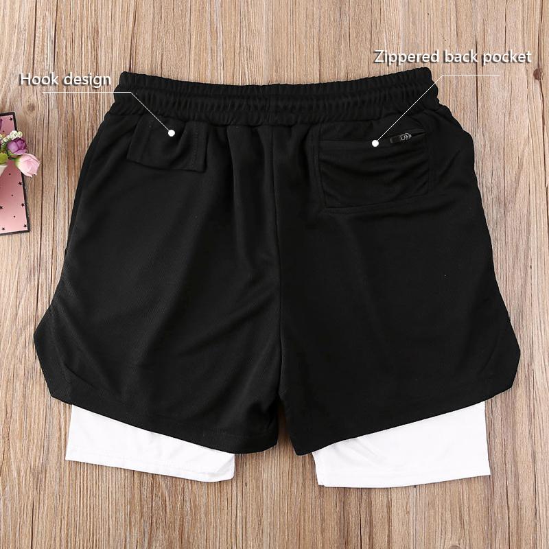 Мужские двухслойные шорты для бега, мужские короткие брюки 2 в 1, спортивные шорты для фитнеса, быстросохнущие пляжные шорты-бермуды со встроенным карманом