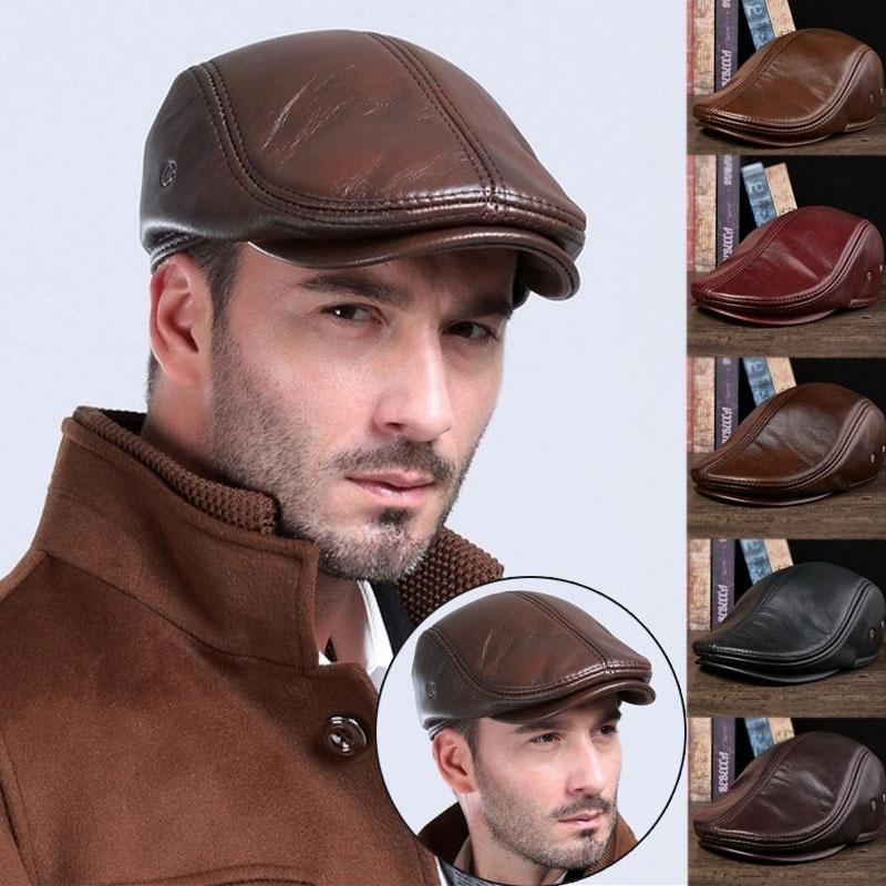Men's Genuine Leather Beret Hunting Cap Cowhide Leather Warm Hat for Men