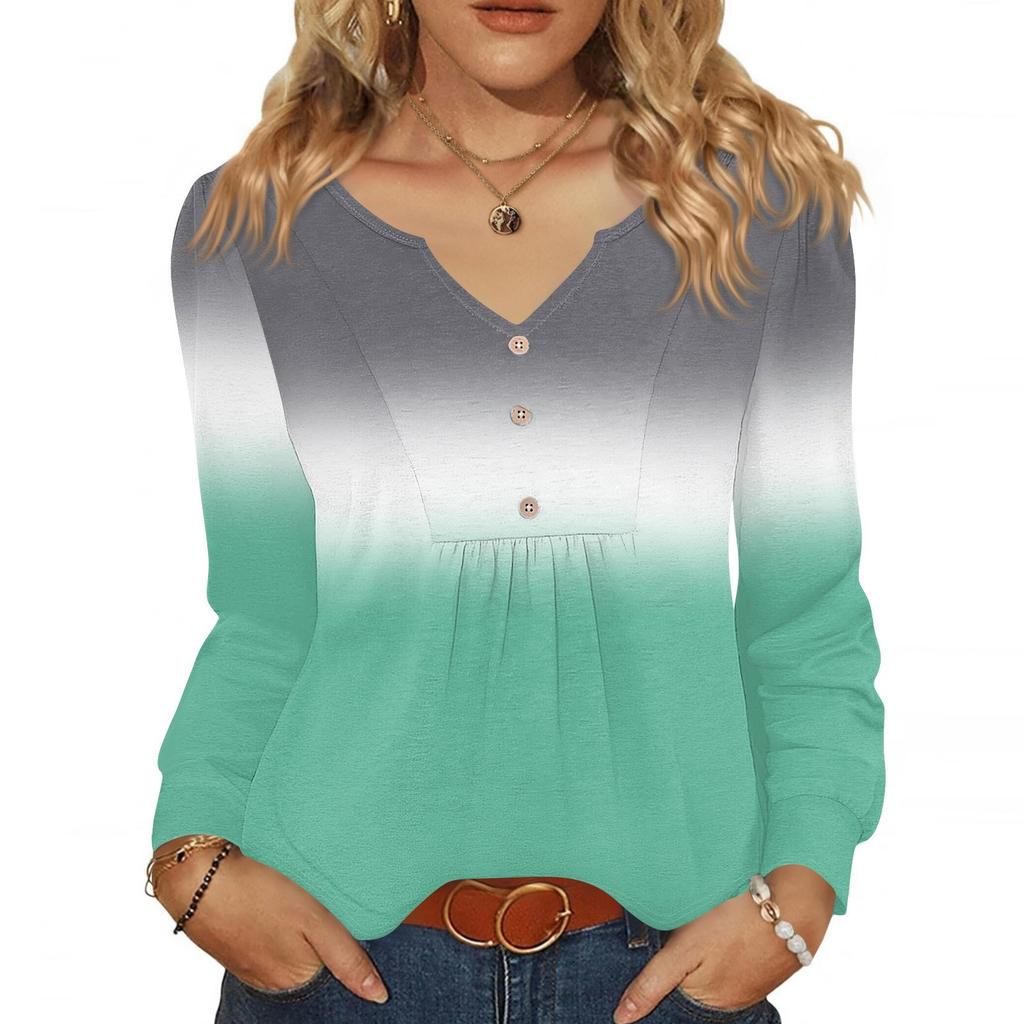 Женская модная повседневная блузка с V-образным вырезом на пуговицах, с длинным рукавом, пуловер, футболка, топ