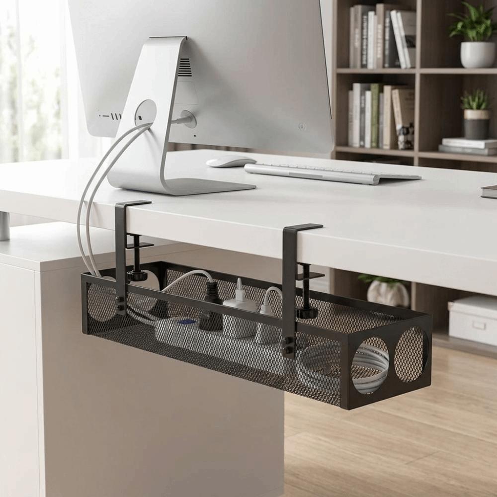 No Drilling Under Desk Wire Management Tray Space Saving Power Strip Cord Holder Office
