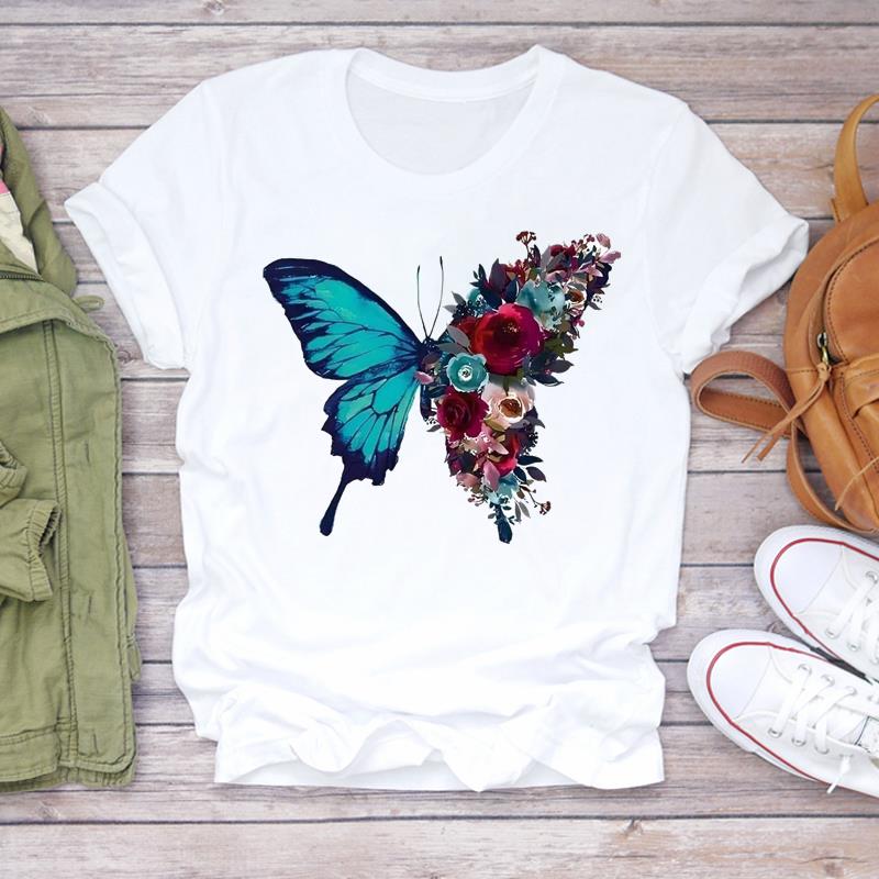(Asian Size) Print Lady T Shirt Fashion Love Sweet Flower Cute Women Clothing Casual Top Short Sleeve Tee Female Graphic T-shirts
