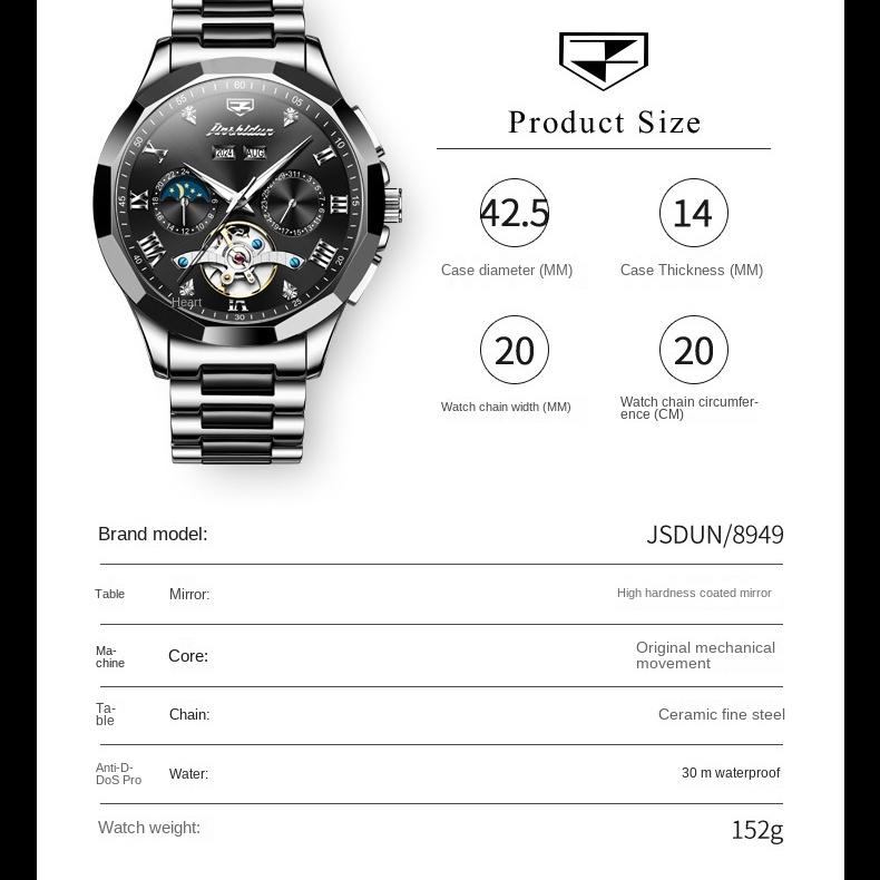 JINSHIDUN Многофункциональные мужские часы, мужские трендовые керамические водонепроницаемые автоматические механические часы с двойным календарем