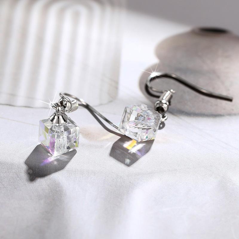 Iridescent AB Aurora Borealis Square Faceted Crystal Charm Drop Earrings Silver Wire Hook Dainty Casual Ladies Accessories