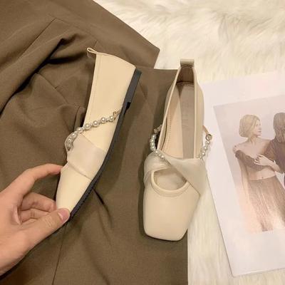 Женские туфли Мэри Джейн на плоской подошве, летняя новая женская обувь 2024 года с жемчужной лентой и квадратным носком, женская рабочая обувь, удобная для работы