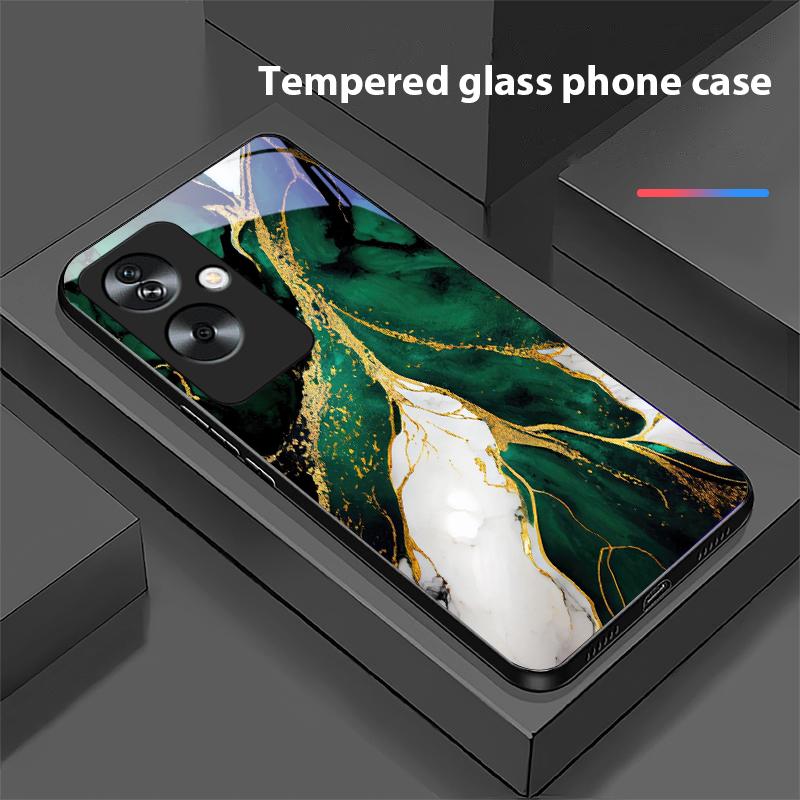 Зеленый мрамор для Oppo A79 5G 58 78 74 60 4G Reno 11F Realme GT 6 11 Note 50 10 C55 X2 Закаленное стекло Черный чехол для телефона