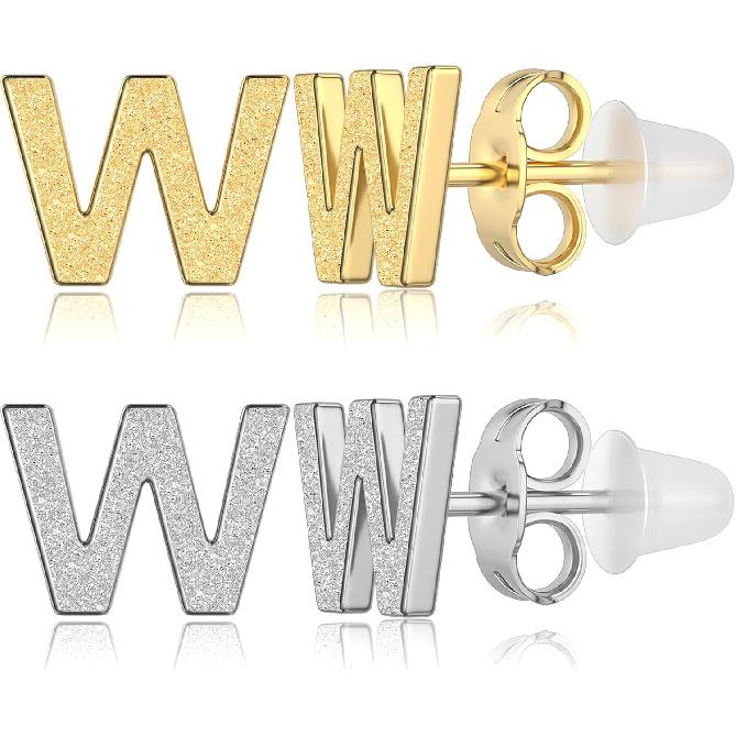 2 Pairs Initial Stud Earrings for Women – 316L Hypoallergenic Surgical Steel, 14K Gold Plated Letter Earrings Set, Includes Anti-Piercing Silicone