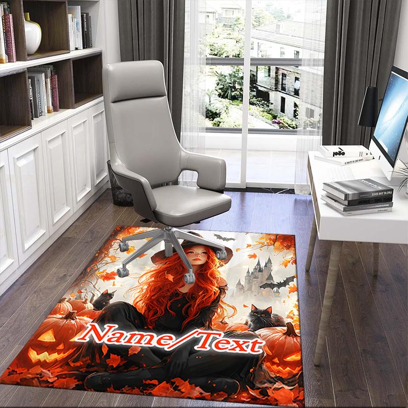 1PC Custom Name Witch Autumn Leaves Theme Floor Mat Ideal for Living Room, Game Rooms, Office, Bedroom,Floor Mat Playful Design