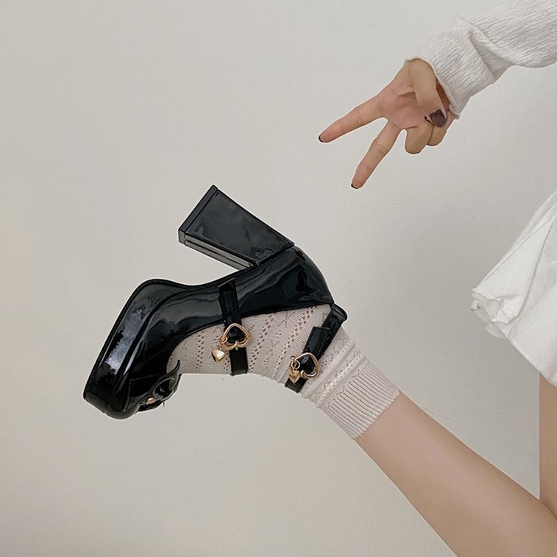 Fashion Women's Black Sexy Mary Janes High Heels 2024 Spring New Fashion Metal Decoration Thick Heel Thick Soled French Single Shoes