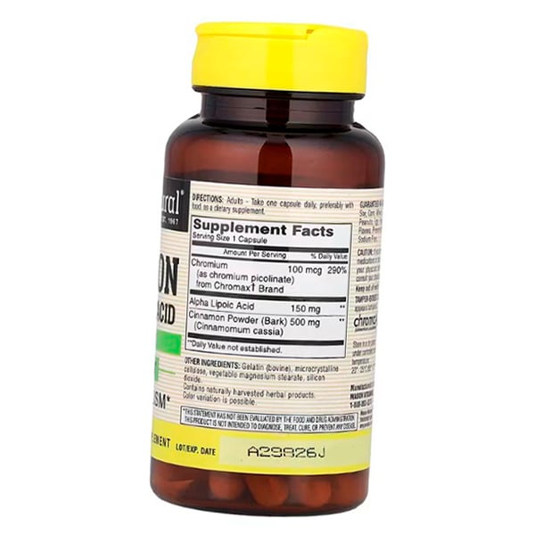 Корица и Альфа липоевая кислота, Cinnamon Alpha Lipoic Acid, Mason Natural 60капс (71529050)