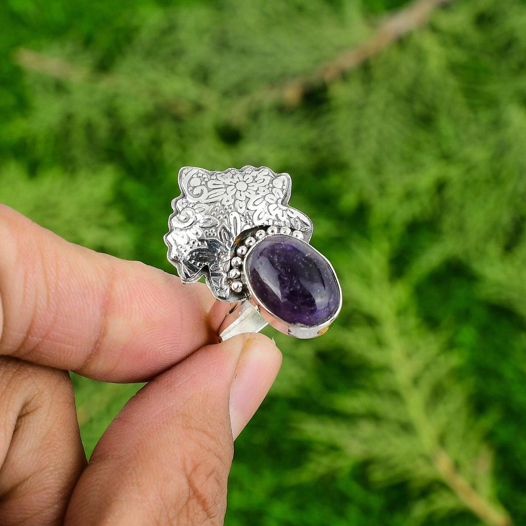 Oval African Amethyst Gemstone Sterling Silver Bezel Statement Wife Ring Jewelry