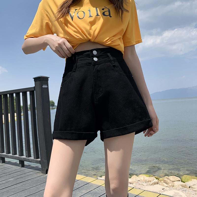 Wowen Classic and Minimalist Fashion Versatile Black Female Ultra-high-waisted Thin Summer Loose Wide-legged Rolled A-line Denim Shorts Individuality