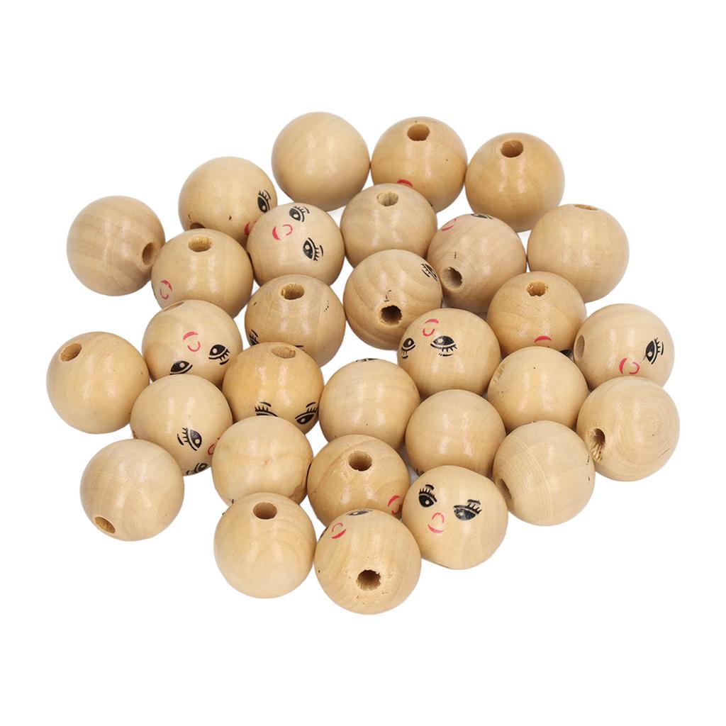 30pcs Wooden Smile Face Beads Log Color DIY Round Wooden Smiley Loose Beads Gift Children Beaded