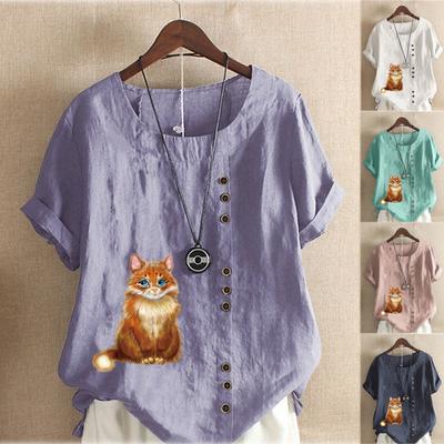 Женская мода футболка с коротким рукавом и круглым вырезом, повседневная хлопковая льняная рубашка с рисунком, свободная летняя блузка с милым котом, топы для отдыха, большие размеры