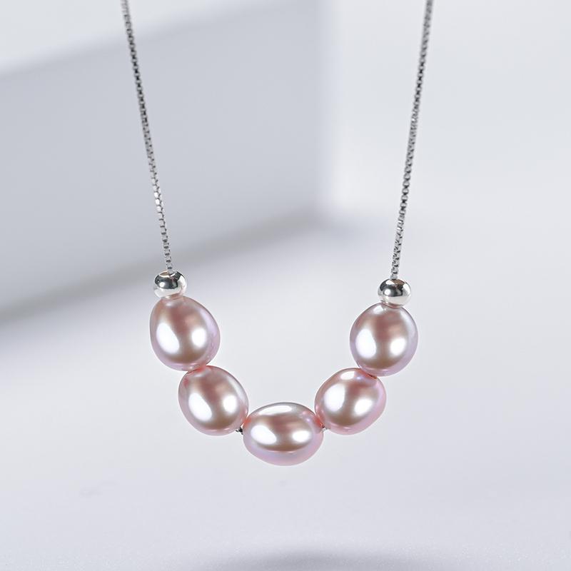 HENGSHENG 6-7mm Pearl White Pink Purple Smile Chain 925 Sterling Silver Fine Cute Fashion Pendant Necklace Women Girls Jewelry