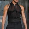 Men Summer Sleeveless Zipper Back Mesh Patchwork Fitted Hooded Tank Tops