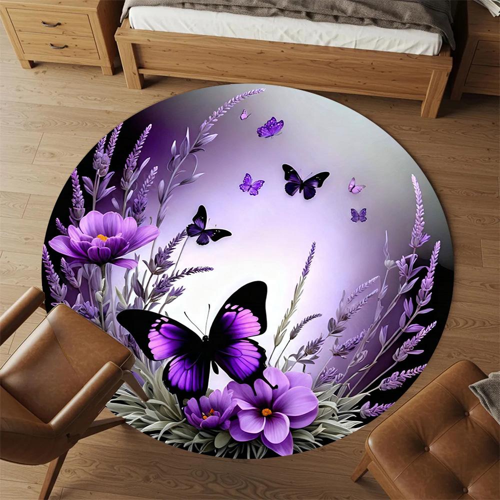 1PC Butterfly Lavender Office Round Area Rug, Under Office Chairs Bedroom Living Room Home Decor, Carpet for Office -1110002