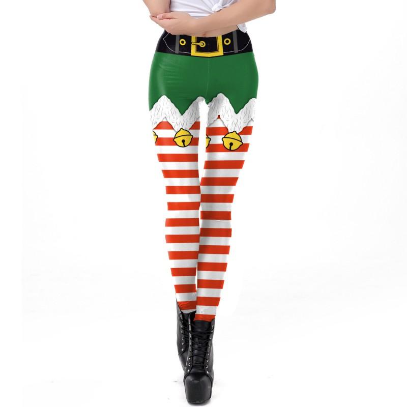 Womens Christmas Striped Print Slim Mid-Rise Leggings Cosplay Bottoms