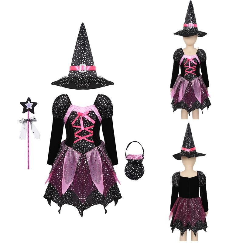 Kid Girls Halloween Witch Costume Sparkly Silver Stars Printed Carnival Cosplay Dress with Pointed Hat Wand Dress Up Clothes