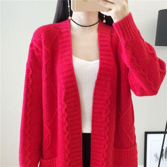 Свободный кардиган средней длины с V-образным вырезом для женщин, вязаное пальто-свитер с ромбовидным узором и косами, однотонный повседневный кардиган с длинными рукавами