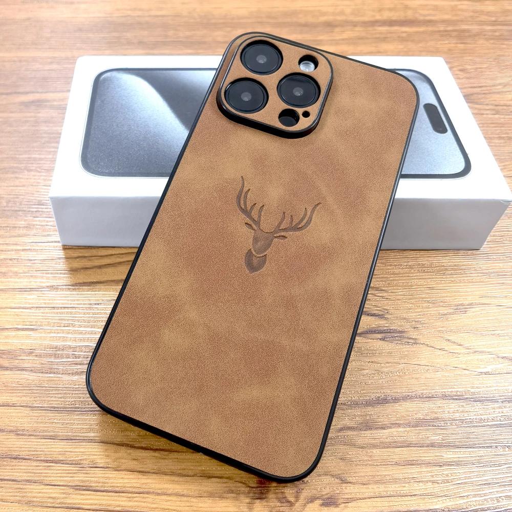 Роскошный чехол из искусственной кожи PU Retra для iPhone 17 Air 16 15 14 13 12 11 Pro Max iPhone11 iPhone12 11Pro 12Pro с рисунком оленя, полная защита