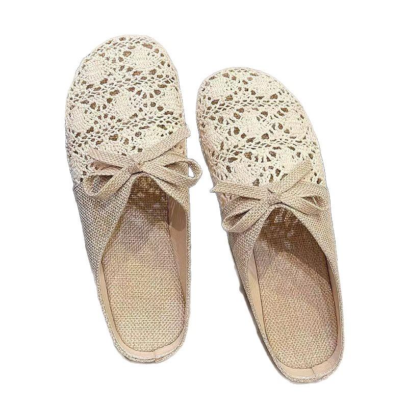 Тапочки женские 2025 новые летние универсальные для улицы сетчатые дышащие нескользящие льняные хлопковые с закрытым носком полутапочки сандалии женские