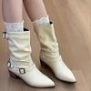 Metal Belt Buckle Riding Boots Women 2025 Autumn Sexy Pointed Toe Medium Heel Western Ankle Boots Casual White Pu Slip On Shoes