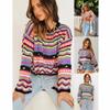 Rainbow Stitching Knitted Sweater Loose Secondary Color Round Neck Striped Sweater Women Comfortable Women's Clothing