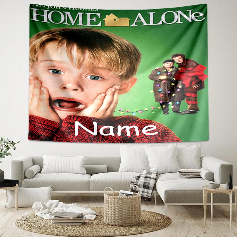 Custom Name Home Alone Print Tapestry, Backdrop, Easy Setup, Ideal for Bedroom, Office & Living Room, with Aesthetic Wall Hanging Decor.