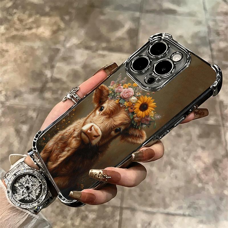 Cute Highland Cow Plating Phone Case For Iphone 16 17 Pro Max Air 16E 14 15 Plus 12 13 Mini Anti-Fall Airabag Cover