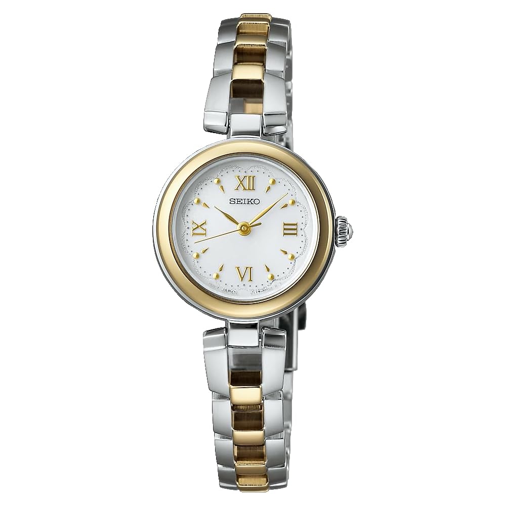 Seiko Selection SWFA212 Ladies Solar Powered Watch 10 ATM Water Resistant Stainless Steel Bracelet Silver Yellow Gold White Dial