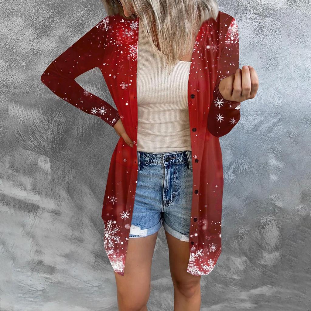 Women's Fashion Casual Long-sleeved Print Medium Length Cardigan Button Jacket Coat