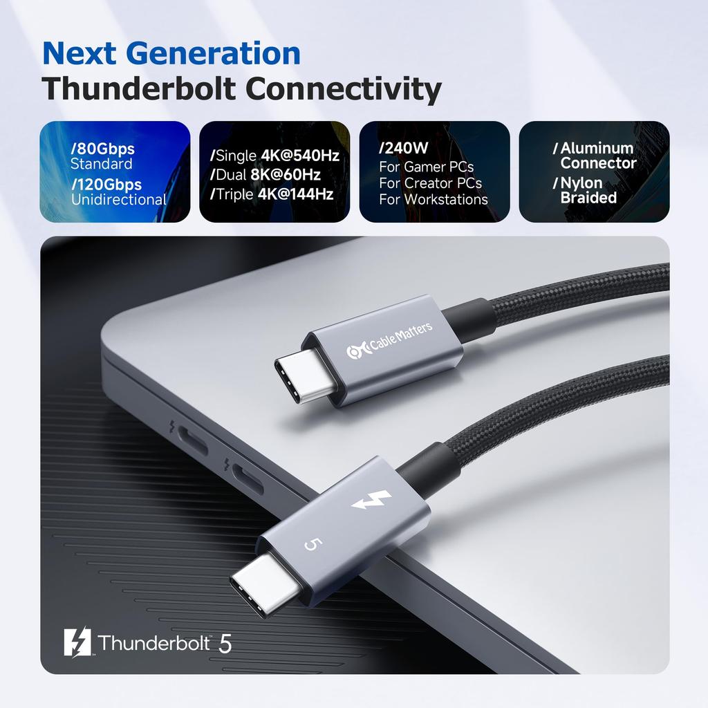 Кабель Cable Matters 80 Гбит/с плетеный Thunderbolt 5 к 120 Гбит/с пропускная способность 240 Вт Thunderbolt 5 Thunderbolt Черный [Сертифицирован Intel] - 0,5 м, [Up Boost,