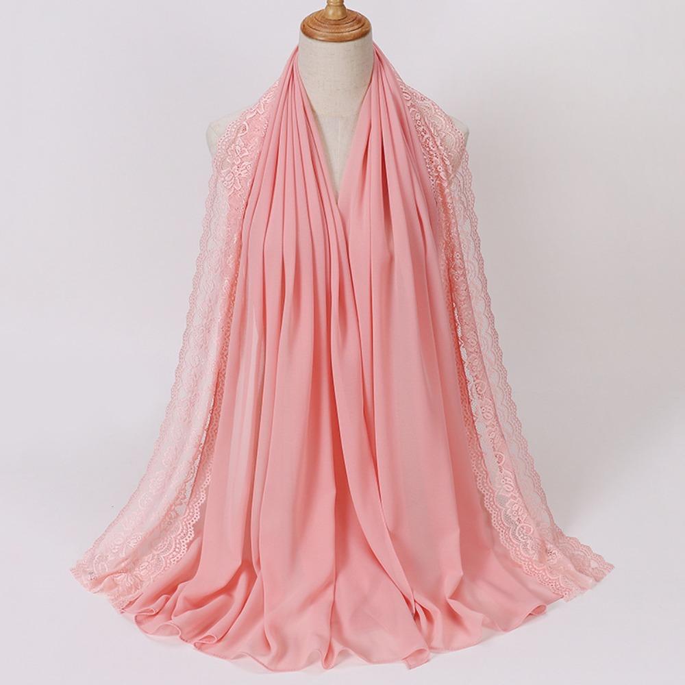 Solid Color Silk Scarf Lace Edge Ramadan Headscarf Versatile Headwraps Women Headwear