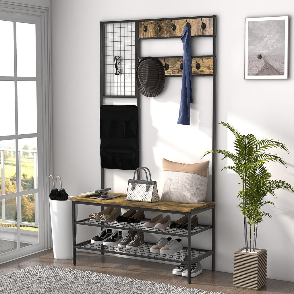 Industrial Design Wardrobe 1 Memo Board 1 Shoe Bench 8 Clothes Hooks 1 Storage Bag Black And Brown